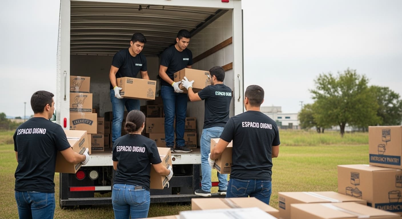 Voluntarios descargando despensas