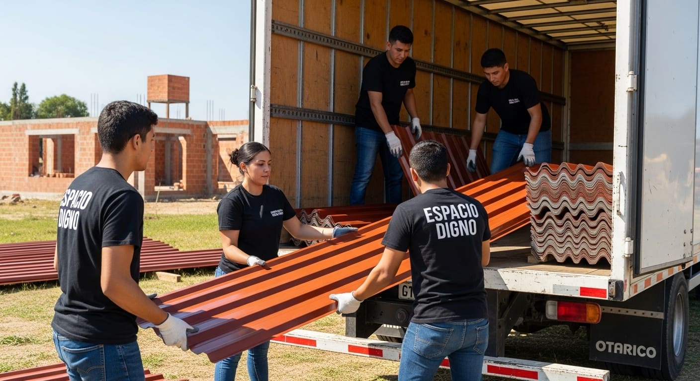 Voluntarios descargando láminas rojas