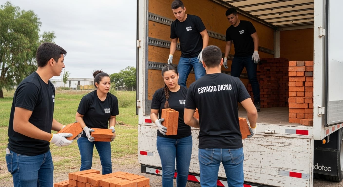Voluntarios descargando tabique rojo