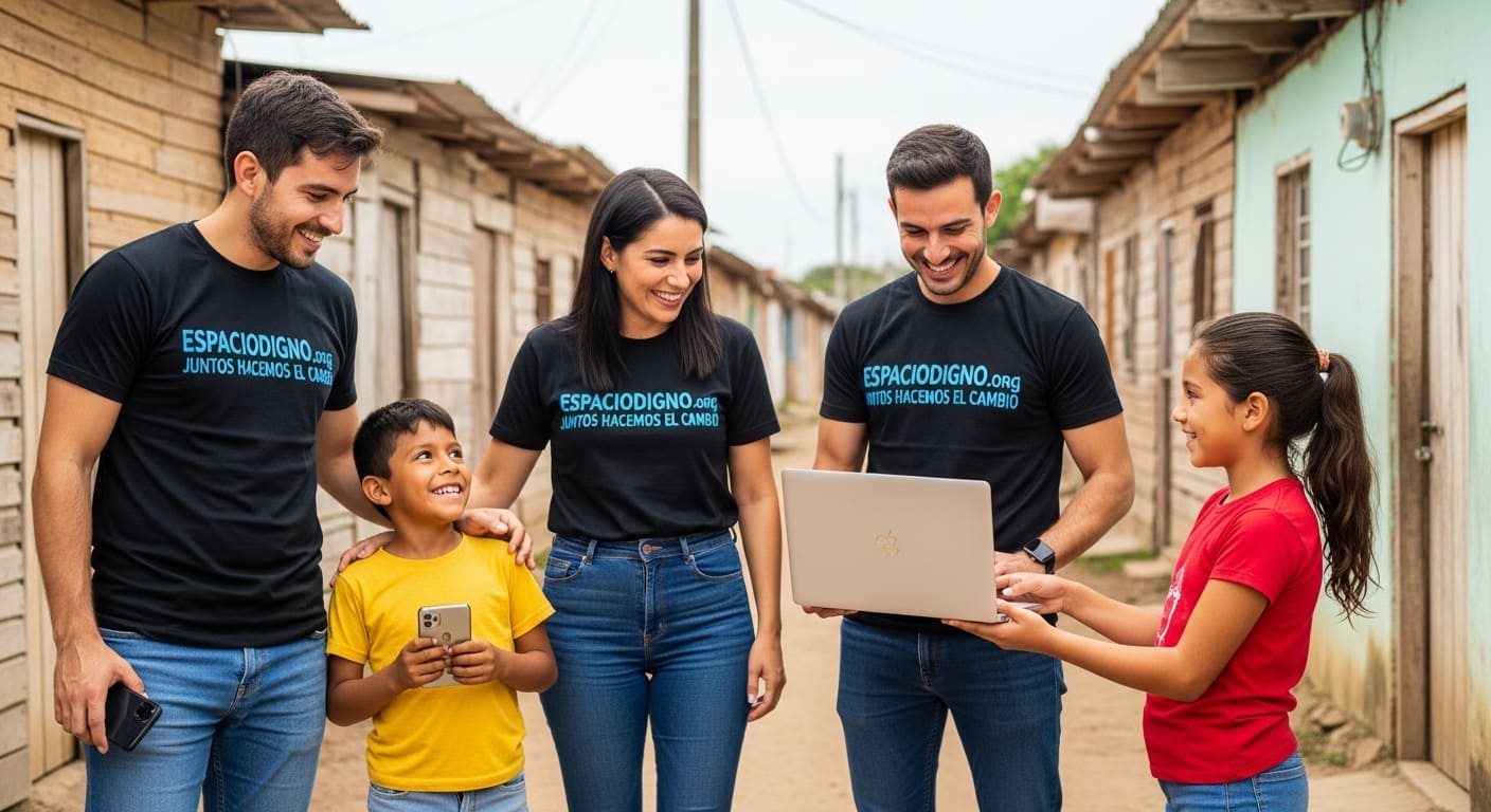Voluntarios entregando equipo informático